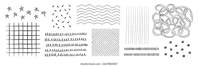 A collection of hand-drawn patterns featuring stars, waves, grids, and circles. These patterns include lines, dots, and loops, showcasing diverse artistic styles. Doodle element isolated vector set.