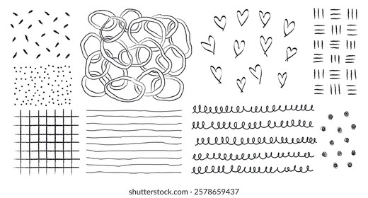 A collection of hand-drawn patterns with lines, hearts, and circles. Patterns include lines, hearts, and circles in various arrangements. Black and white patterns. Doodle patterns, vector set.