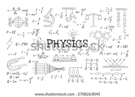 Collection of handdrawn physics formulas and science symbols on white background. Illustrations include equations, diagrams, and scientific instruments.