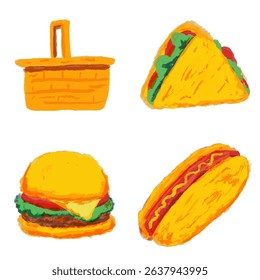 Collection of hand-drawn picnic food icons with textured painterly style. Includes burger, hotdog, taco, and picnic basket for casual meal themes. Perfect for summer events, menus, or party invitation
