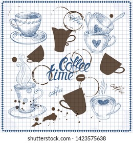 Collection of hand-drawn pictures of coffee cups.