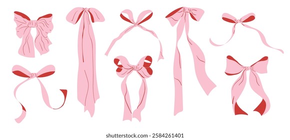 A collection of hand-drawn pink bows with ribbons. Isolated. Vector illustration for wedding invitations, menus, cards for Christmas, Valentine's Day, birthday and other holidays.