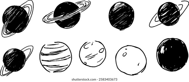 A collection of hand-drawn planets in various styles, including Saturn with its rings, and other spherical celestial bodies. The design is simple and monochromatic