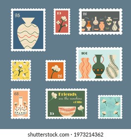 Collection of hand-drawn post stamps with clay art, crockery. Modern vector design boho style. Set of mail and post office isolated drawing.