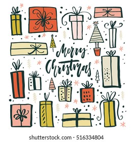 Collection of handdrawn presents isolated on background. Great design element for Christmas cards.