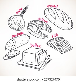 Collection of hand-drawn products. hand-drawn illustration. food icons