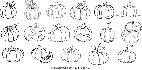 Colección de contornos de calabaza dibujados a mano con varios estilos para otoño y halloween