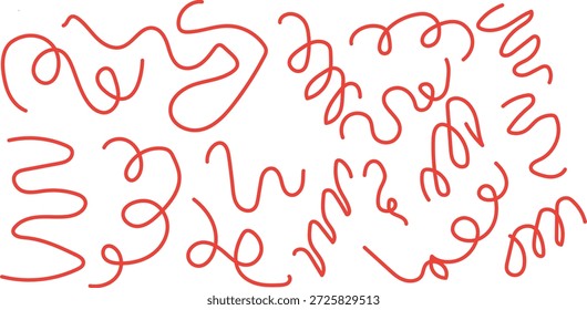  collection of hand-drawn, red, abstract, and squiggly lines or doodles. These vector elements are commonly used for various design purposes