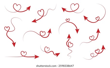 Collection of handdrawn red Arrow with Heart, isolated on a transparent background. Set for Valentine's day. Vector illustration