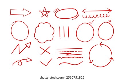 A collection of hand-drawn red arrows, circles, and other shapes on a white background.
