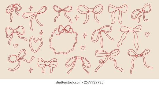 Collection of hand-drawn red bow designs showcasing various styles and shapes for decorative purposes