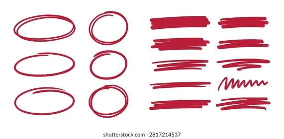 Collection of hand-drawn red circles and highlighter brush strokes. Vector illustration of marker lines and oval frames isolated on white background.