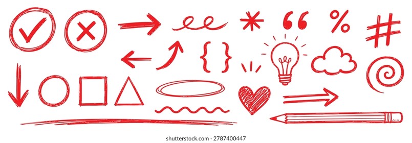 A collection of hand-drawn red doodle elements including arrows, shapes, symbols, a light bulb, a heart, and a pencil, isolated on a white background.
