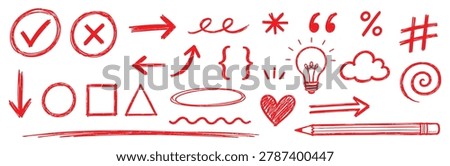 A collection of hand-drawn red doodle elements including arrows, shapes, symbols, a light bulb, a heart, and a pencil, isolated on a white background.