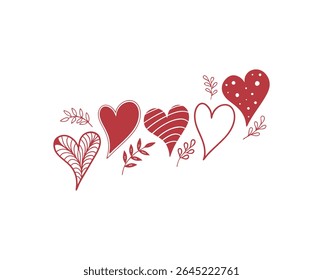 A collection of hand-drawn red doodle hearts and leaves isolated on a white background, perfect for Valentine's Day or any love-themed design. 