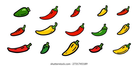 Coleção de ícones de pimenta vermelha, verde e amarela desenhados à mão. Ilustrações de doodle de comida picante isoladas no fundo branco.