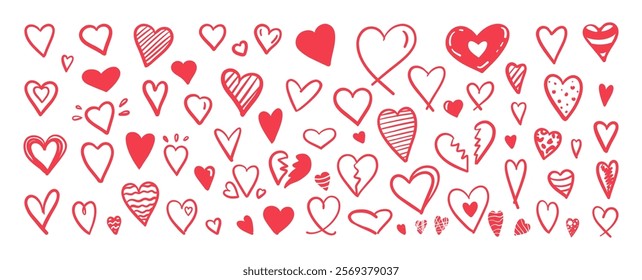 Collection of hand-drawn red heart shapes in flat doodle style