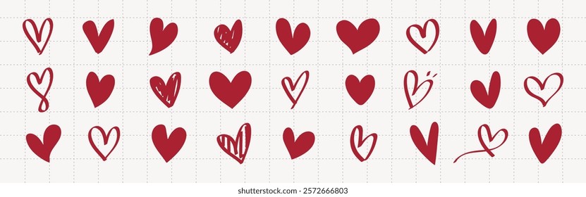 Collection of hand-drawn red hearts. Various heart shapes, heart patterns, and heart designs. Red hearts on a grid background, showcasing heart creativity. Valentine's element vector set.