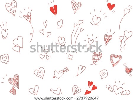 collection of hand-drawn red hearts in various doodle styles.	
