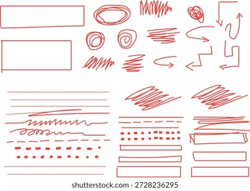  coleção de marcadores vermelhos desenhados à mão ou elementos de desenho de caneta.