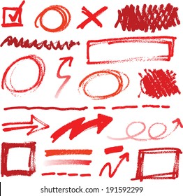 Collection of hand-drawn red pencil corrections elements