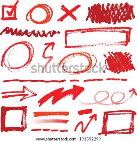 Collection of hand-drawn red pencil corrections elements