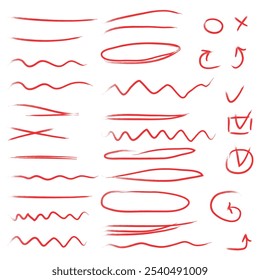 Uma coleção de sublinhados, colchetes e marcas de verificação desenhados à mão para listas de tarefas e notas. Desenhos manuais, várias linhas, círculos, setas. Ilustração isolada de vetor