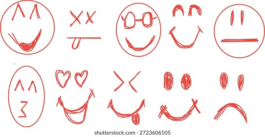  Sammlung von handgezeichneten, rot-gefütterten Smiley-Gesichtsvektorgrafiken