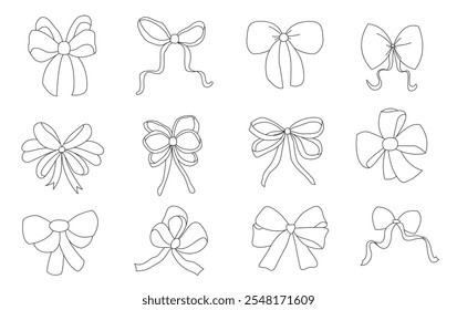 A collection of hand-drawn ribbon bows. Black and white bows for Christmas gifts, gift cards and luxury packaging isolated on white background