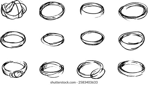 A collection of hand-drawn ring designs, showcasing various styles and shapes. The rings vary in thickness and form, some appearing intertwined or overlapping, while others are simple and smooth.