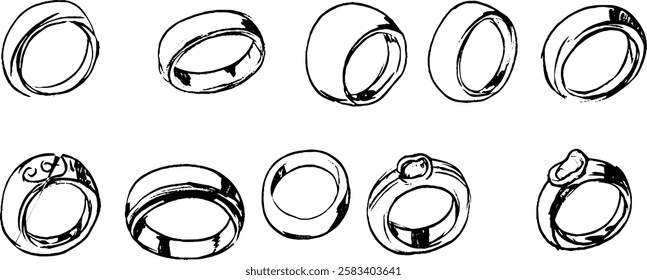 A collection of hand-drawn rings in various styles, including simple bands and decorative designs. The rings vary in thickness and embellishments, showcasing a range of jewelry options.