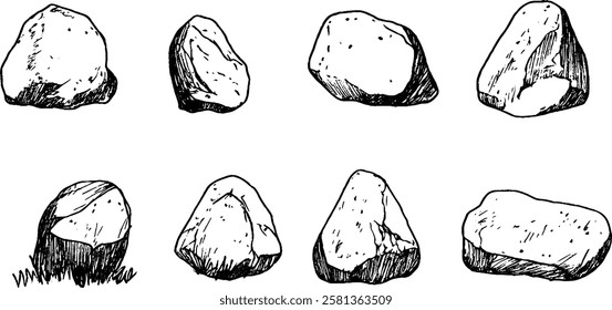 A collection of hand-drawn rocks in various shapes and sizes, showcasing their textures and contours. The rocks are illustrated in black and white, emphasizing their natural forms.