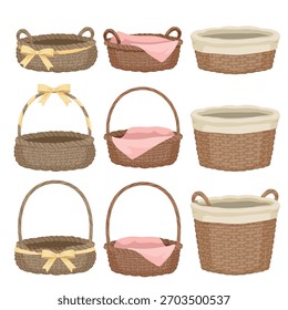 Uma coleção de cestas de vime rústicas desenhadas à mão em várias cores e estilos. Apresenta arcos, forros de tecido e panos de gingham para temas de piquenique, decoração de fazenda, artesanato e estilo vintage country.