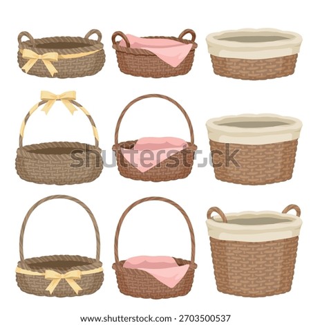 A collection of hand-drawn, rustic wicker baskets in various colors and styles. Features bows, fabric liners, and gingham cloths for picnic themes, farmhouse decor, crafts, and vintage country style.