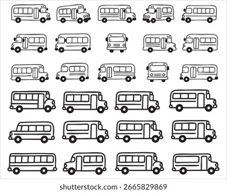 Colección de ilustraciones de autobuses escolares dibujadas a mano en varias vistas, perfectas para proyectos infantiles.