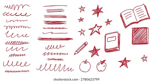 Collection of hand-drawn school elements including books, stars, pencil, apple, and doodle lines, ideal for back-to-school graphics and learning materials.