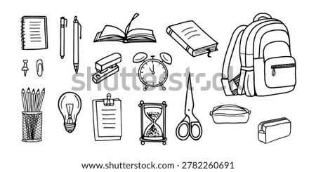 Collection of hand-drawn school and office supplies in a doodle art style