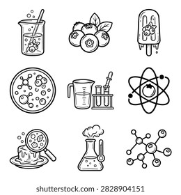 A collection of hand-drawn science icons including chemistry equipment biology samples and food illustrations