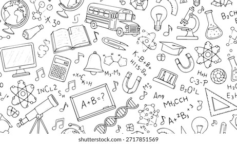 A collection of hand-drawn science and math school supplies including a microscope, telescope, beakers, DNA, atoms, equations, and a school bus.