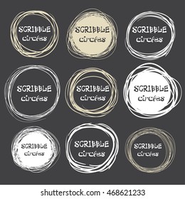 Collection of hand-drawn scribble circles against a dark background. Vector illustration