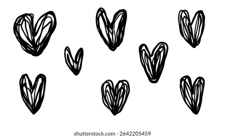 Collection of hand-drawn scribble hearts isolated on white background. Cute doodle style perfect for Valentine’s Day, cards, invitations, and crafts. Vector EPS