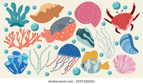 A collection of hand-drawn sea creatures and marine elements including coral, fish, shells, and jellyfish. Great for ocean-related projects, backgrounds, and nature themes