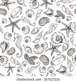 Collection of hand-drawn : sea shells, starfish, sea horse, crab. Summer design.  Vector illustration. Summer holidays. Retro vintage style. Seamless pattern. Vector illustration. 