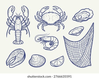 A collection of hand-drawn seafood illustrations including lobster, crab, shrimp, fish, oysters, clams, lemon, and fishing net.