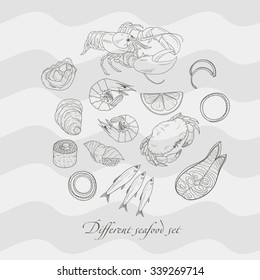 Collection of hand-drawn seafood set, isolated vector  hand drawn doodle illustration.