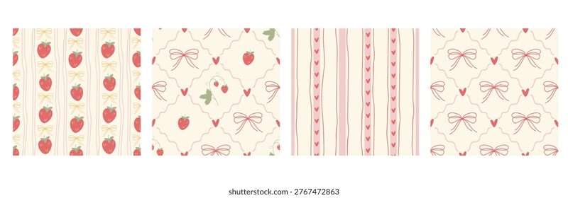 A collection of hand-drawn seamless patterns featuring strawberries, bows, and latticework. . Perfect for textiles, wallpaper, wrapping paper, and romantic vintage decor.