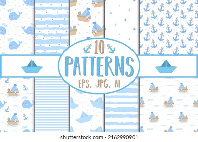 Collection of hand-drawn  seamless patterns. Vector image on the marine theme for a boy. Illustration for holiday, baby shower, birthday, textile, wrapper, greeting card, print, banner