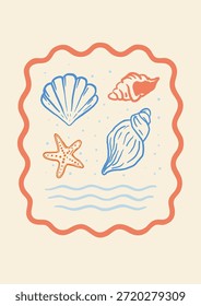 Sammlung von handgezeichneten Muscheln und Seesterne in orange und blau im Inneren gewellte Grenze auf hellem Hintergrund. Minimales tropisches Sommerthema für To-Do-Listen, Zeitschriften, Cover oder Aufkleber.