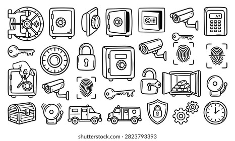 Collection of hand-drawn security icons. Includes various safes, security cameras, fingerprint scans, keys, padlocks, vault doors, alarms, treasure chest, and armored cars for protection.