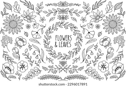 A collection of hand-drawn separated leaves and floral elements, ideal for cards, invitations, letterheads, tags, and much more